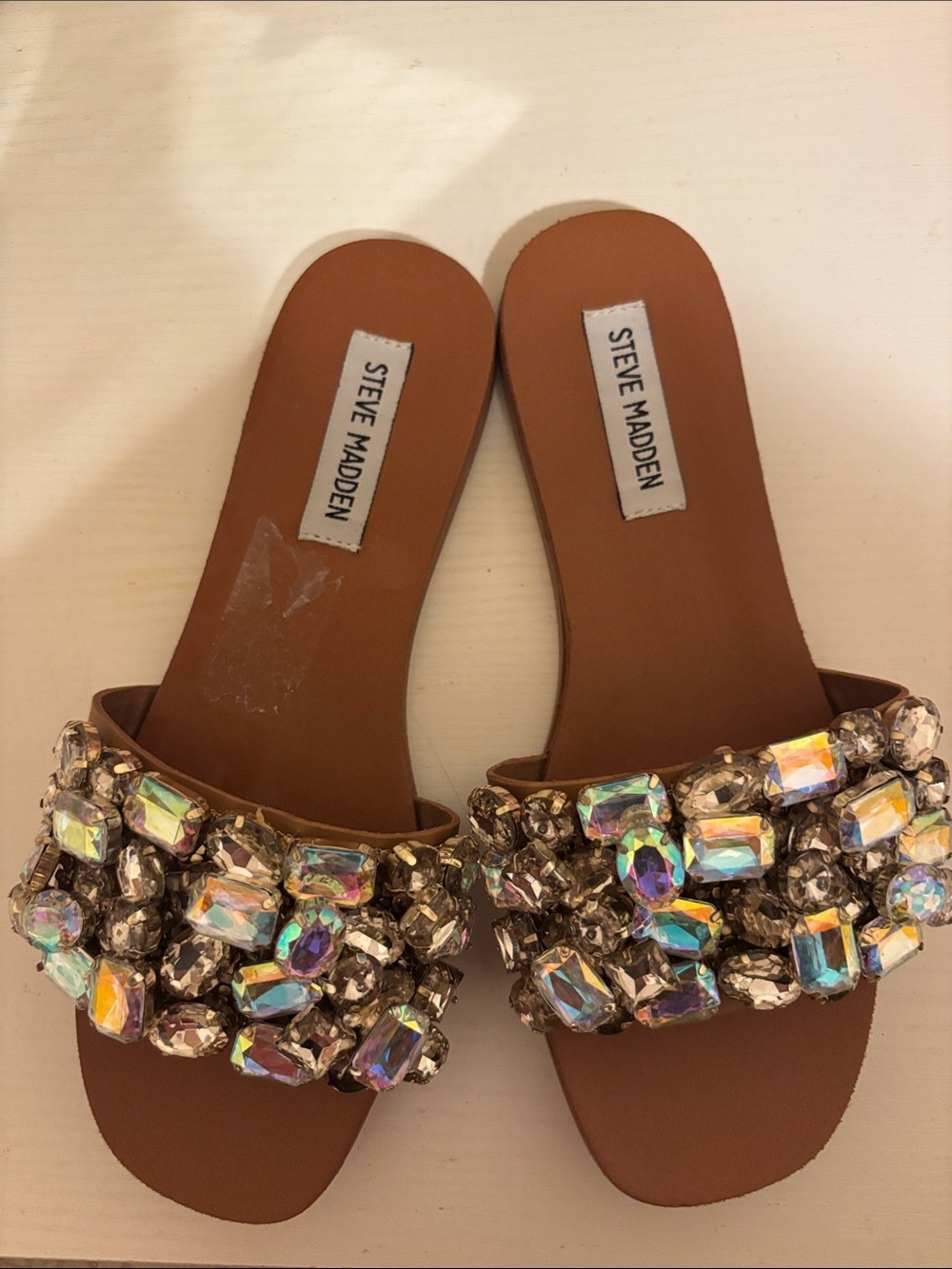 Steve Madden Brown Slide Sandals with Iridescent Crystal Embellishments